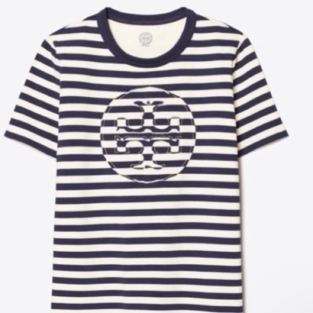 Tory Burch Navy and White Striped Short Sleeve Logo Tee - Picture 4 of 8